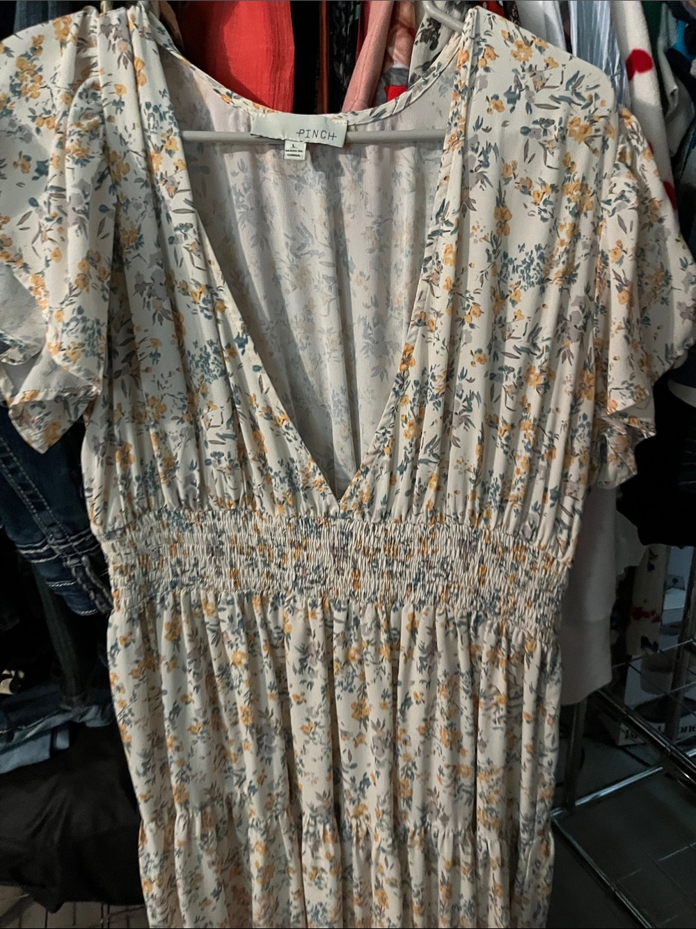 Pinch Cream Floral V-Neck Smocked Maxi Dress - Picture 3 of 4
